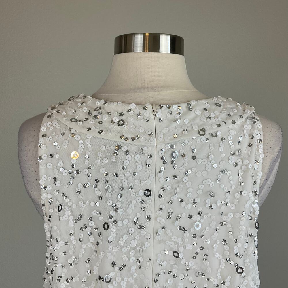 Adrianna Papell Sequin Sleeveless Sheath Cocktail Dress White and Silver Size 8 - Picture 9 of 13